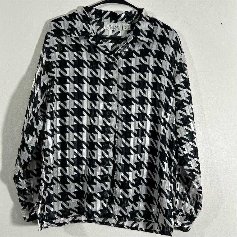 Selene Women's Houndstooth Button Down Blouse Black‎ Small